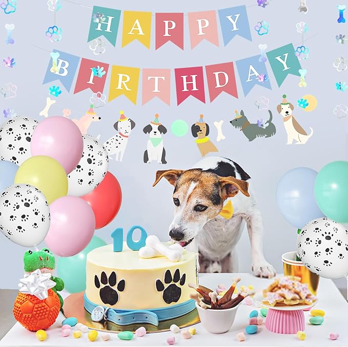 Happy Birthday Dog Banner Latex Balloon Paw Party Decorations Kid's Birthday Decorations for Boys Girls Baby Shower Party Supplie (Banner+Latex Balloon)