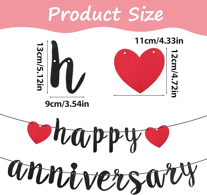 Happy Anniversary Banner, Glitter Wedding Anniversary Romantic Decorations No DIY Banners for Baby Shower Couples Birthday Party New Year(Black)