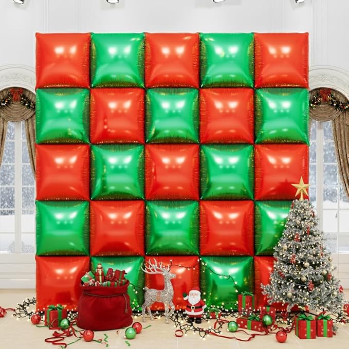 50pcs Red and Green Square Foil Balloons Wall Backdrop with 128pcs Balloon Garland Arch Kit, Christmas Balloons Decorations, Double Sided Balloon for Christmas New Year Xmas Party Decorations