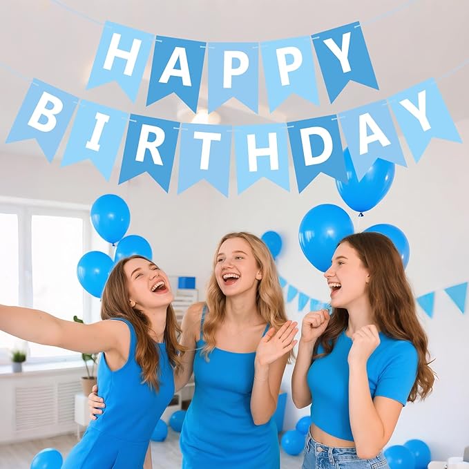 Happy Birthday Banner Sign, Birthday Garland Wall Door Hanging Banners Flag for Women Men Boys Girls Party Backdrop Decorations, Personalized Name Banner White Letters Light Blue