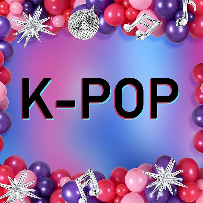 Sumind 144 Pcs K pop Party Decorations with Pink Purple Metallic Music Balloon Garland Arch Kit, K Pop Music Themed Birthday Decoration for Fans Themed Birthday Concert Stage Backdrop Party Decor