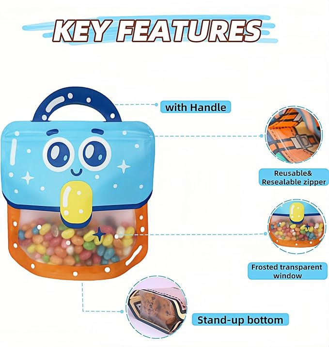 PABCK 30 Pack Plastic Gift Bags Cartoon Goodie Bags 7.09x8.27 inch Backpack-shaped Candy Packaging Bag with Handle Resealable Treats Birthday Party Favor Stand Up (10 Blue,10 Purple and 10 Orange)