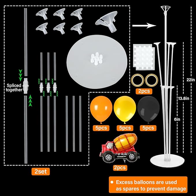 Construction Party Balloons Stand Kit 2 Sets with 2 Construction Truck Foil Balloons Black Orange Yellow Party Balloon Centerpiece for Tables for Boy Girl Excavator Birthday Baby Shower Parties Decor