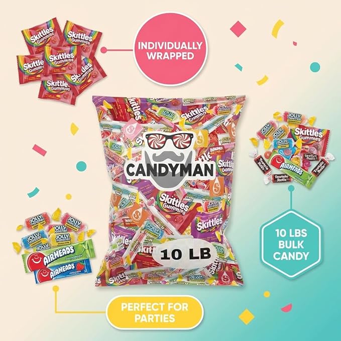 CANDYMAN Assorted Candy Variety Pack, 10 lbs Bulk Individually Wrapped Candy for Party Favors, Pinata Stuffers, Goodie Bags, Halloween & Easter