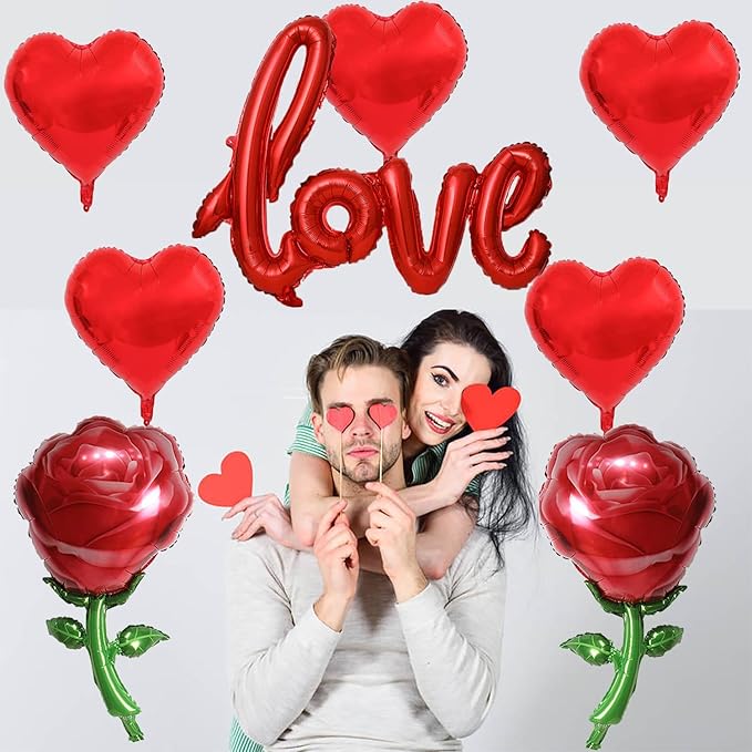 Valentine Balloons Red Love Balloons Red Heart Balloons and Red Rose Balloons Valentine Party Balloons for Valentine Day Decoration Special Night Party Decorations Theme Supplies Balloon Sets-8 PCS