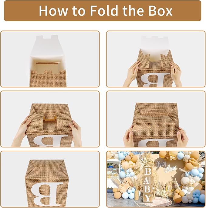 RUBFAC Burlap Print Baby Boxes with Letters for Baby Shower, 4pcs Rustic Farmhouse Style Boho Balloon Boxes with Burlap Grain for Birthday Gender Reveal Decoration Backdrop Photo Props