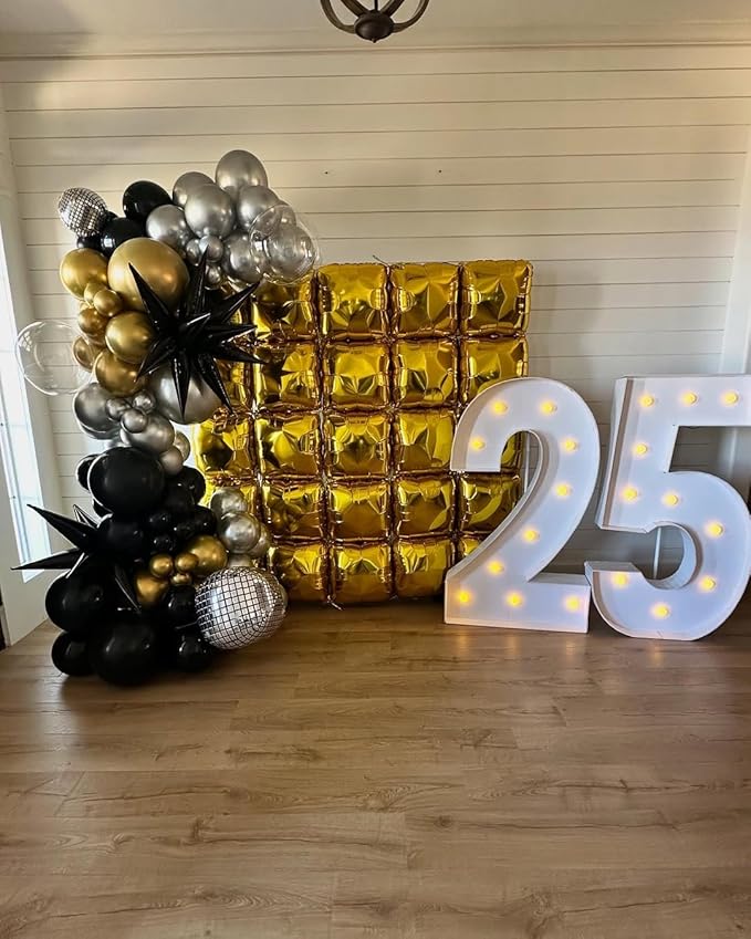 36pcs Gold and Black Square Foil Balloons Wall Backdrop with 147pcs Balloon Garland Arch Kit, Double Sided Balloons for Birthday Bridal Shower Anniversary New Year Graduation Party Decorations
