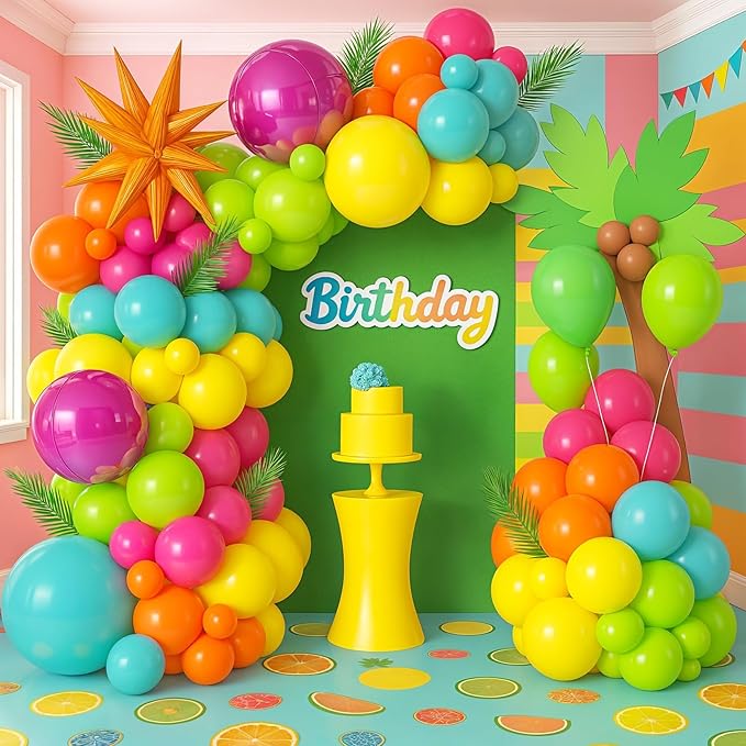 Tropical Balloon Arch Garland Kit with Hot Pink Teal Blue Green Orange Star Balloons Round Balloons for Girls Birthday Hawaiian Luau Summer Tropical Fiesta Party Decorations