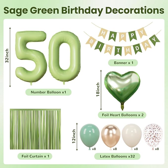 Sage Green 50th Birthday Decorations for Women Men, 50 and Fabulous Party Supplies, Sand White & Cream Balloon Kit with Green Number 50 Balloon and Fringe Curtains