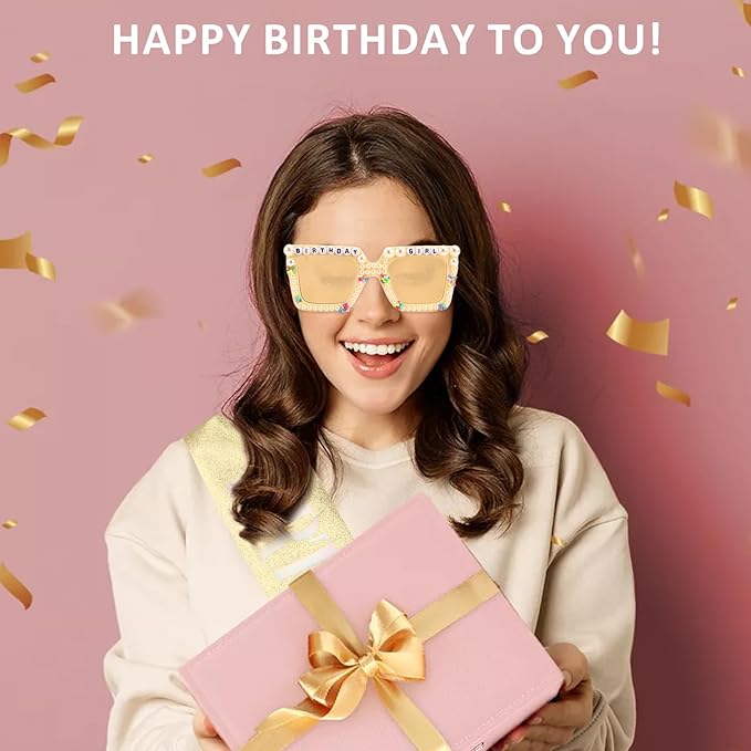 Birthday Girl Sash & Glasses Set, Gold Glitter Birthday Sash for Women Girls, Happy Birthday Decorations Outfits Accessories Party Favors Set for Women Girls