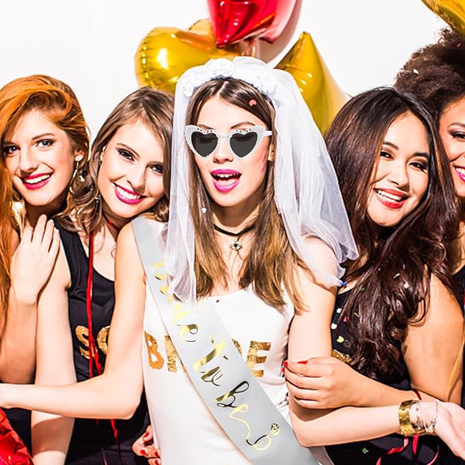 Bride to Be Set: Pearl-Trimmed Heart Sunglasses, Pearl BRIDE Sash & Tulle Veil - Bachelorette Party Bridal Accessories