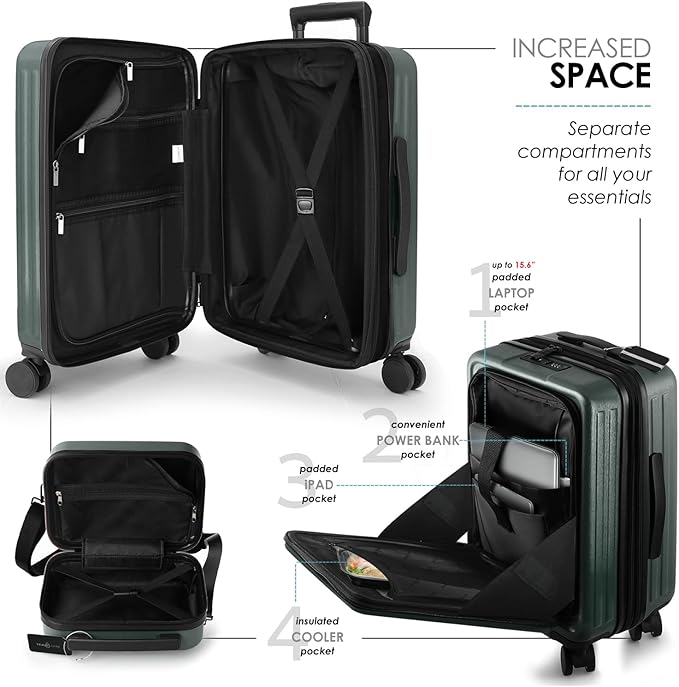 TRAVELARIM 20 Inch Carry On Luggage 22x14x9 Airline Approved, Carry On Suitcase with Wheels, Hard-shell Carry-on Luggage, Durable Luggage Carry-On, Green Small Suitcase with Cosmetic Case