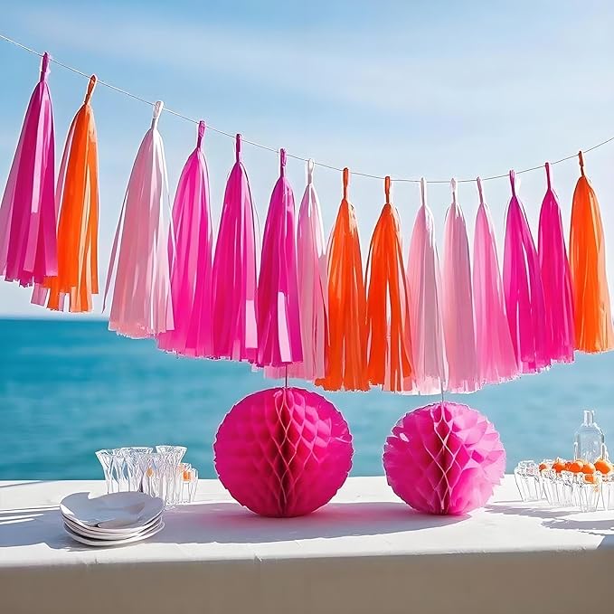 Hot Pink Orange and Pink Tassel Garland Banner - Handmade Paper Tassels for Party Decorations, Wedding Backdrop, DIY Craft Projects (30-Pack)