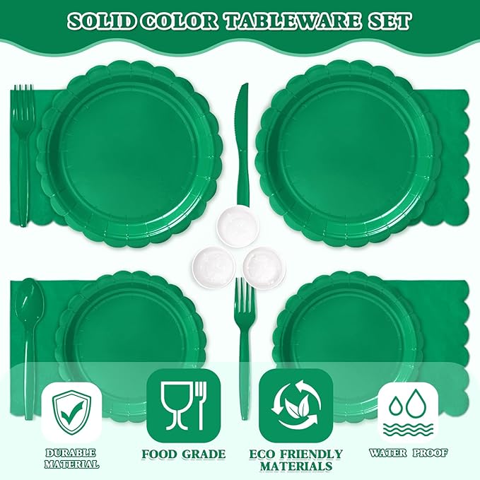 Vyntra 350 Pcs Green Paper Plates and Napkins Set for 50, 9" Dinner Plates & 7" Dessert Plates, Tableware for Party, St. Patrick’s Day, Birthday
