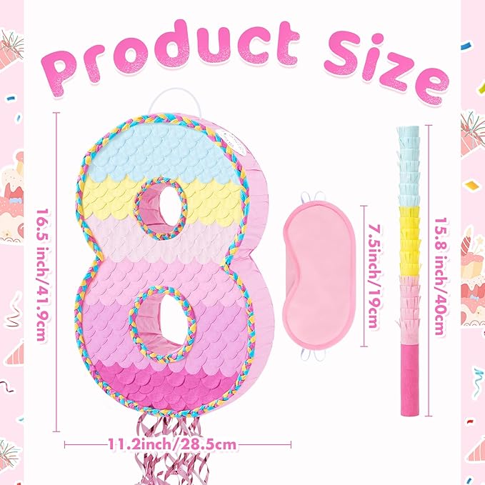 WERNNSAI Number 8 Piñata – Pink 8th Birthday Party Decorations Rainbow Ombre Eight Piñata for kids girls with Blindfold and Stick for 8 Year Birthday Supplies Princess Anniversary Decoration