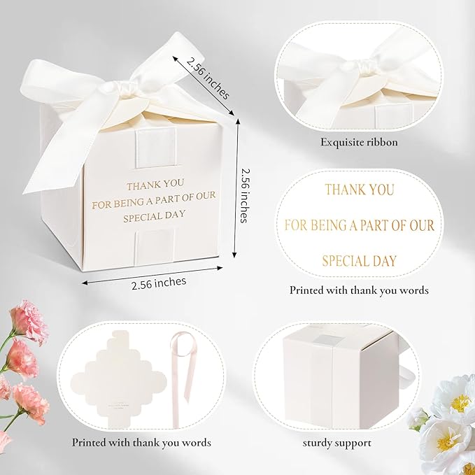 Marspark 50 Pcs Wedding Favor Boxes, 2.5 x 2.5 x 2.5 Inch Wedding Party Candy Boxes with Ribbons Bridal Gift for Guests Bridal Shower Birthday Party Anniversary Supplies(White)