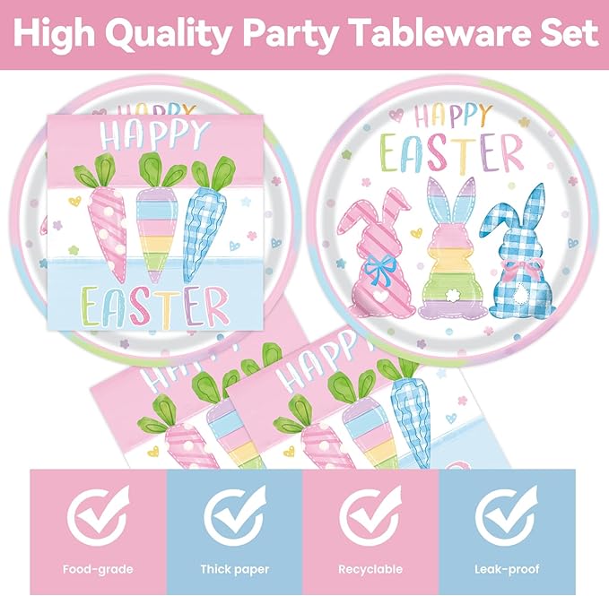 40Pcs Easter Paper Plates and Napkins Party Supplies, Disposable Bunny Plates Carrot Napkins Dinnerware Set for for Spring Easter Holiday Birthday Decorations