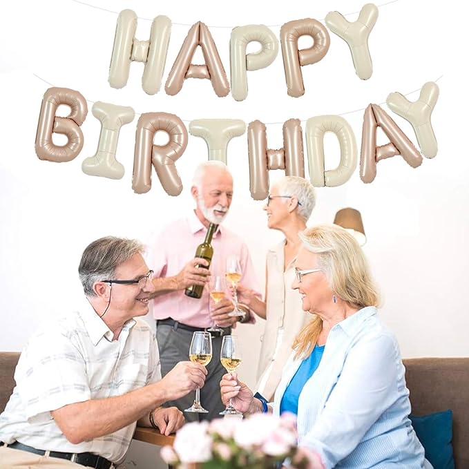 TONIFUL 16 Inch Light Brown Cream Mylar Foil Balloons Banner Happy Birthday Balloon Letters for Adults & Girls Boys Kids Birthday Decorations Party Supplies