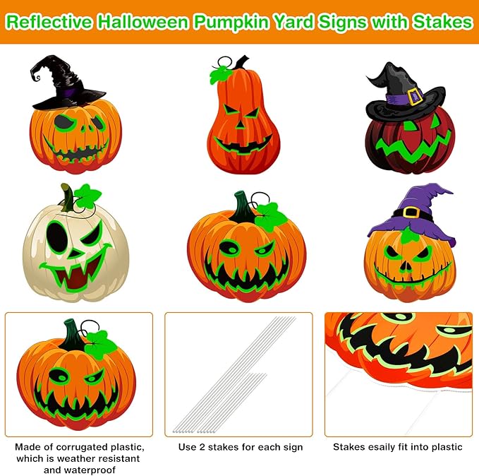 Soaoo 6 Pack 16 Inch Halloween Decoration Outdoor Fluorescence Halloween Pumpkin Yard Signs with Stakes Spooky Faces and Witch's Hat Lawn Signs Scary Front Yard Decor for Holiday Party Decor