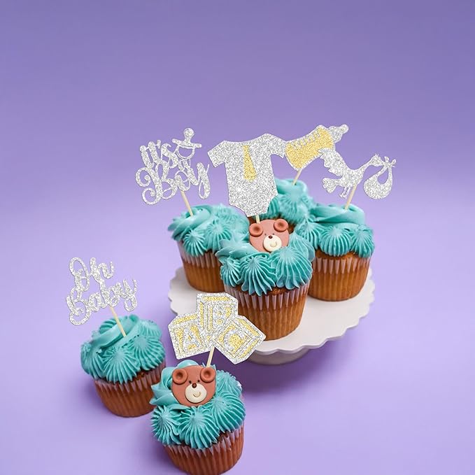 Gyufise 24Pcs Oh Baby Cupcake Toppers Glitter It's a Boy Cupcake Picks Tie Onesie Baby Bottle Baby Shower Cake Decorations for Gender Reveal Baby Shower Kids Boys Birthday Party Supplies Silver