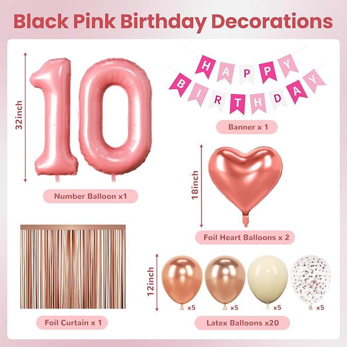 10th Birthday Decorations for Girls, Rose Gold and Hot Pink Double Digits Party Supplies with Happy Birthday Banner, Number 10 Balloon and Foil Fringe Curtains