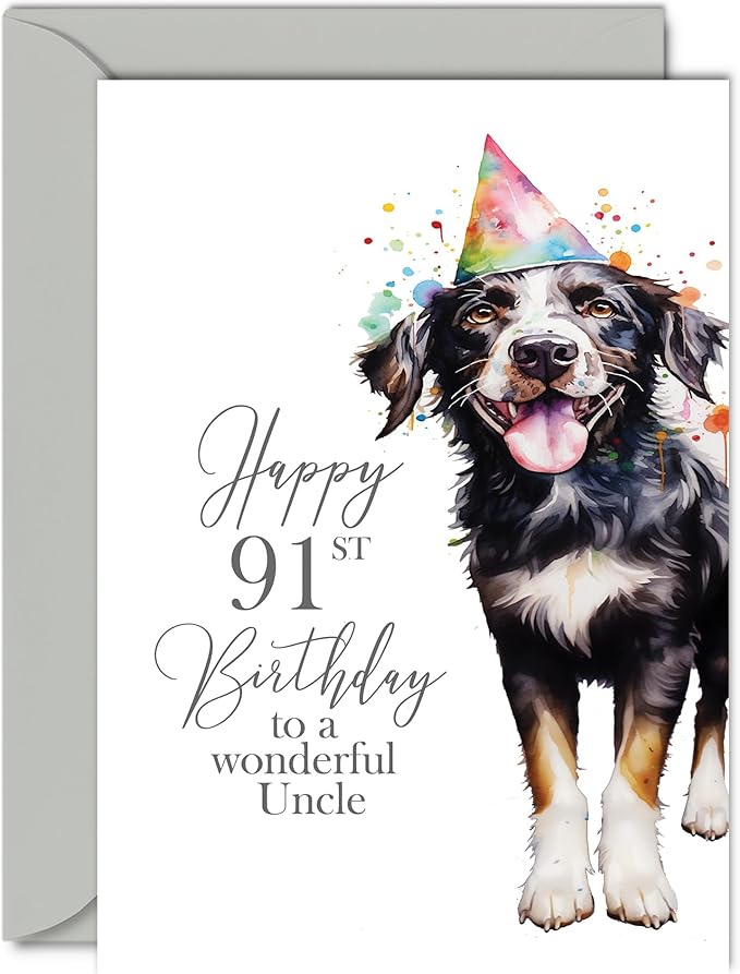 91st Birthday Cards for Uncle - Party Dog - Happy Birthday Card for 91 Year Old Uncle from Niece Nephew, 5x7 Inch Bday Man Men Him Greeting Cards Gift for Uncle Birthday Gifts