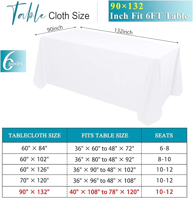 Kesfey 6 Packs White Polyester Table Cloths 90 x132 inch Rectangle High Density Tablecloth Fabric Tablecover for 6 Foot Tables Wrinkle Resistant Washable Table Cloth for Wedding Celebration Buffet