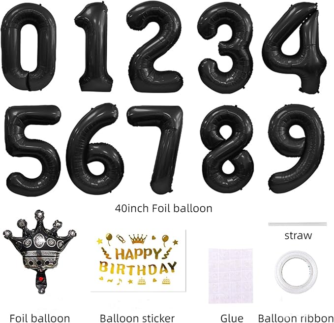 40 Inch Large Black Number Balloons Crown Big Black Digit Foil Mylar Balloons for Baby Shower Wedding Birthday Party Supplies (black 9)