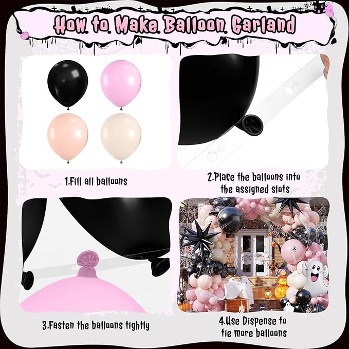 Halloween Balloon Arch Garland Kit, Black Macaron Pink Orange Sand White Balloons, Ghost and Star Foil Balloon, Fake Spider Webs for Kid Girl Halloween Birthday Party Decorations Baby Shower Backdrop