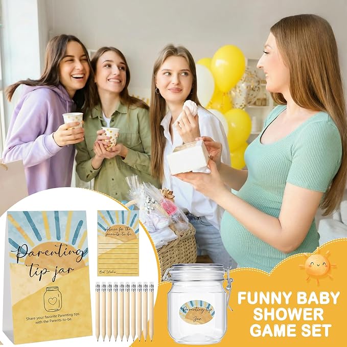 Roowest Baby Shower to Baby Advice Cards for New Parents to Be - Tip Jar Sign for New Parents 60 Parenting Advice Cards 10 HB Pencils 2 Cute Stickers 1 Pet Bottle for Guests Games (Sun)