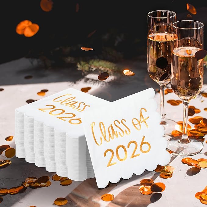 100 Pcs Class of 2026 Graduation Cocktail Napkins 5 x 5 Inch Congrats Grad Scalloped Paper Napkins for Dinner Beverage Graduate Decorations(Orange)