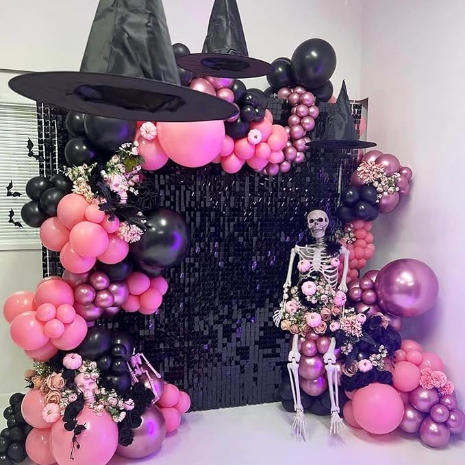 Halloween Balloon Arch Garland Kit, Black Pink Witch Halloween Balloons with Spider & Bat Decor, Metallic Fuchsia Pastel Goth Spooky Balloon for halloween Party Home Garden Outdoor Party Decorations