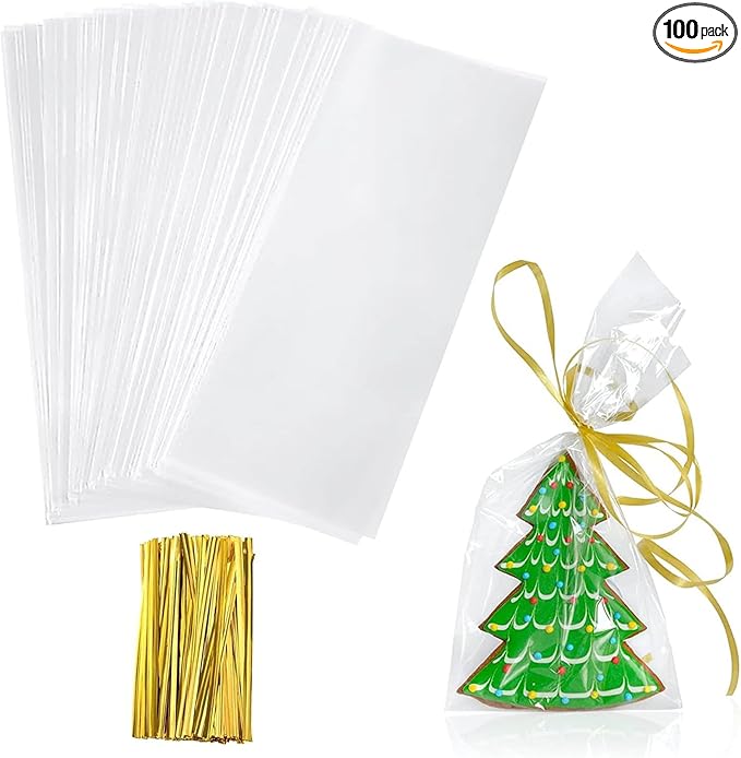 Yotelab Cellophane Treat Bags, 4x9 Inches Clear Cellophane Bags With Twist Ties,100 Pcs