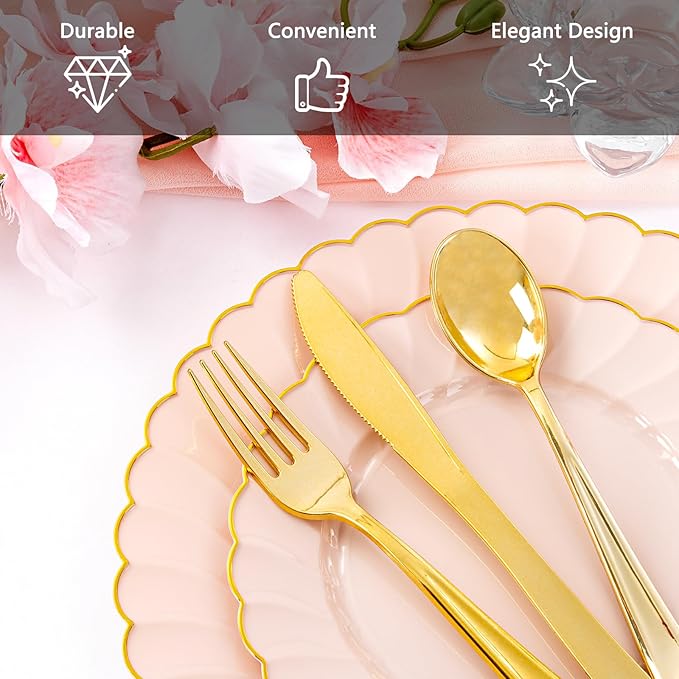 YOUBET 350PCS Pink Scalloped Plastic Plates - Pink and Gold Disposable Dinnerware Set Include 100 Plates, 150 Gold Silverware, 50 Cups, 50 Napkins for Wedding & Party Easter Mothers Day