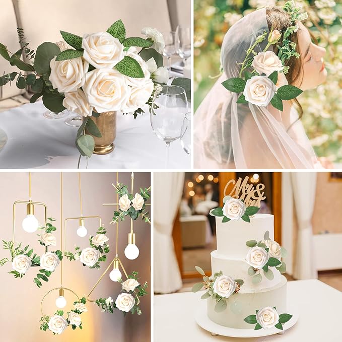 AmyHomie Artificial Flower Champagne Rose 25pcs Real Looking Fake Roses w/Stem for DIY Wedding Bouquets Centerpieces Arrangements Party Baby Shower Valentines Day Christmas Tree Decorations