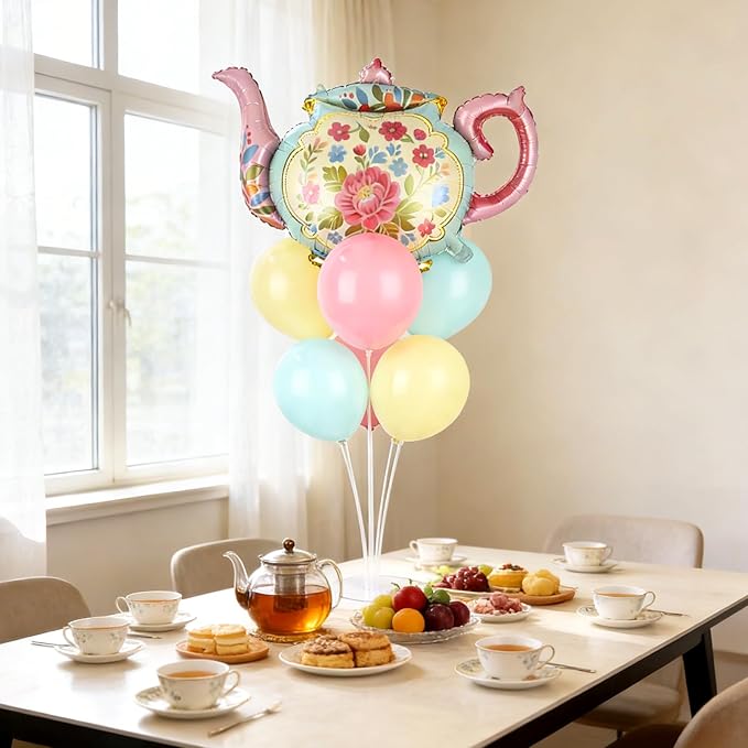 Tea Party Balloons Stand Kit 2 Sets with 2 Huge Teapot Foil Balloons Tea Garden Themed Balloon Centerpiece for Tables for Picnic Birthday Party Supplies Baby Shower Teapots Themed Decorations