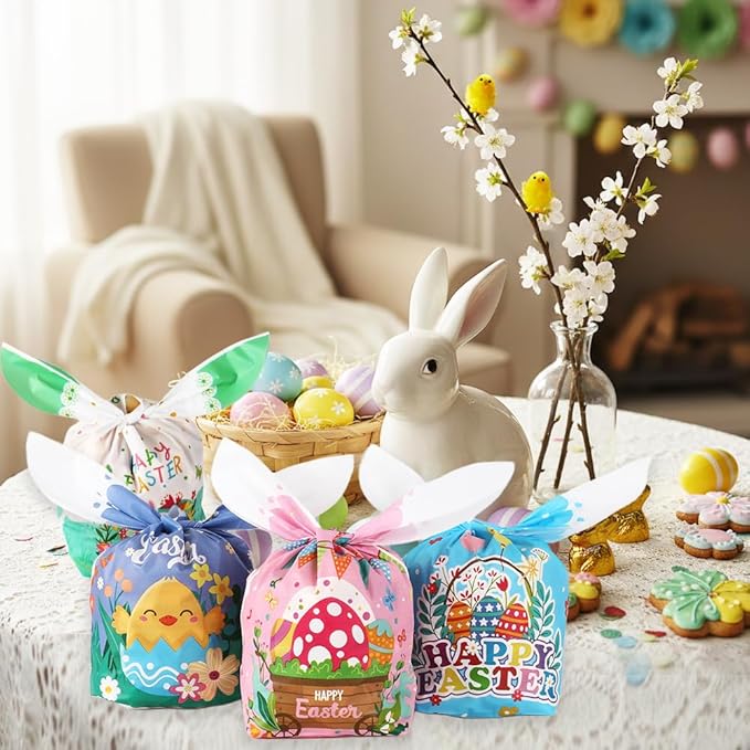 Easter Treat Bags, Happy Easter Goodies Gift Bags, 100 Pcs Cute Bunny Plastic Candy Snack Goody Reusable Wrapping Bag for Gifts Giving Spring Holiday Easter Party Favor Decorations Supplies 6 Designs