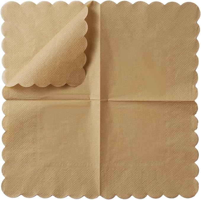 100 Pack Cocktail Napkin 2-Ply Scalloped Edged Dessert Napkins Folded 5 x 5 Inches Disposable Napkins for Dinner Wedding Birthday Party Bridal Anniversary Reception Event (Brown)