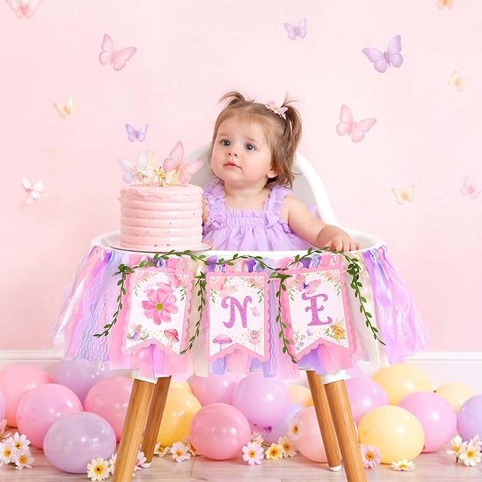 Fairy First Birthday High Chair Banner One High Chair Banner Girl Photo Backdrop Fairy First Birthday Decorations for Girl Wall Hanging Decorations for Kids Bedroom