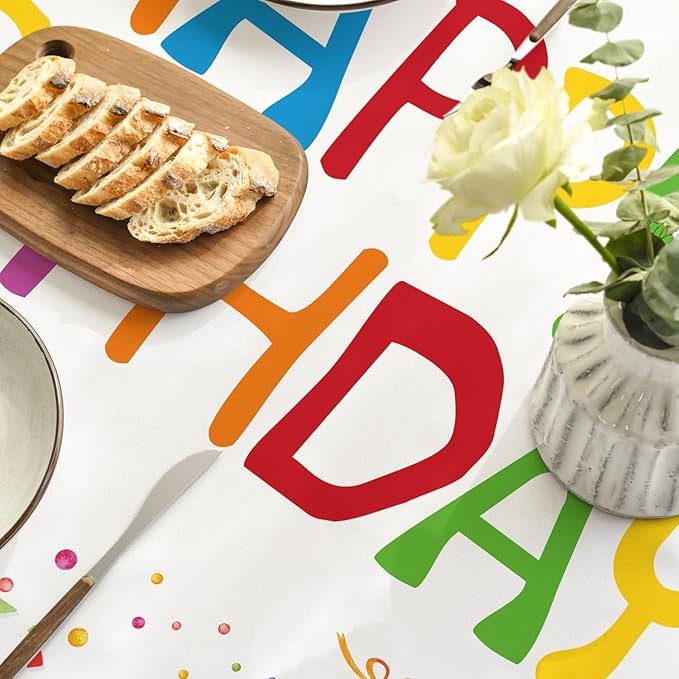 Horaldaily Birthday Tablecloth 60x84 Inch Oval, Happy Birthday Ballon White Washable Seasonal Table Cover for Party Picnic Dinner Decor