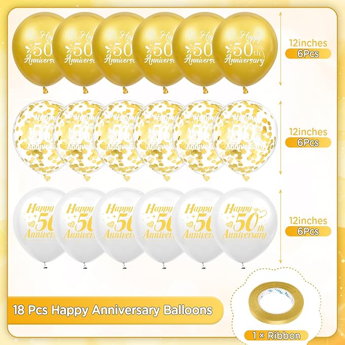50th Anniversary Balloons 18Pcs White Gold 50th Anniversary Party Decorations for Women Men White Gold 12Inch Happy 50th Anniversary Latex Confetti Balloons for Indoor Outdoor Party Supplies