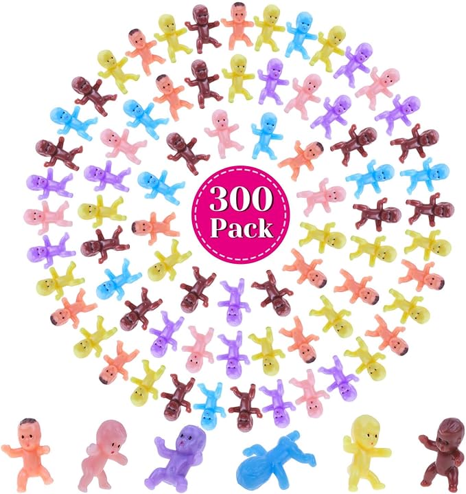 selizo Mini Plastic Babies for Baby Shower, 300pcs Tiny Baby Figurines Mini Babies Bulk for Ice Cube Babies, Small King Cake Babies, My Water Broke Baby Shower Games (6 Colors)