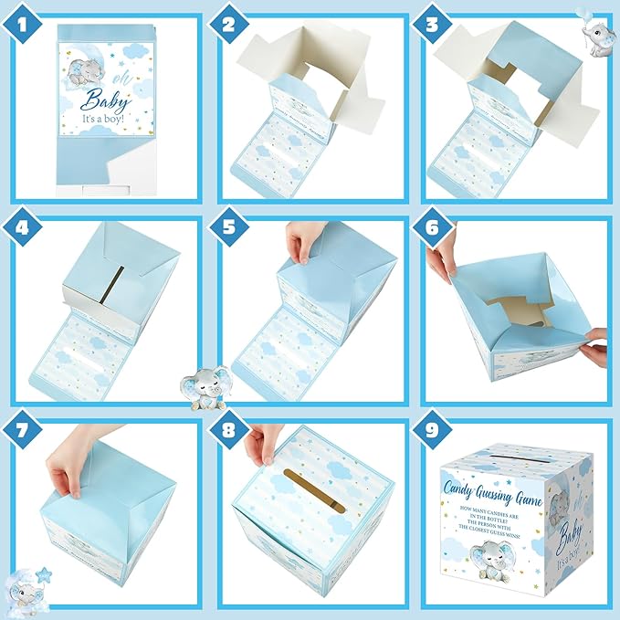 Glenmal 52 Pcs Baby Shower Games Gift Sets Large Baby Bottle for Shower Game Guess How Many Candies Decorations for Gender Reveal(Blue Elephant)