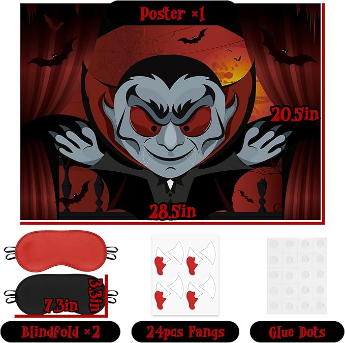 Pin The Fangs on The Vampire Halloween Party Games Poster with 24 Stickers Entertaining Activity Holiday Carnival Celebrations Birthday Party Decorations Supplies Haunted House Wall Decor