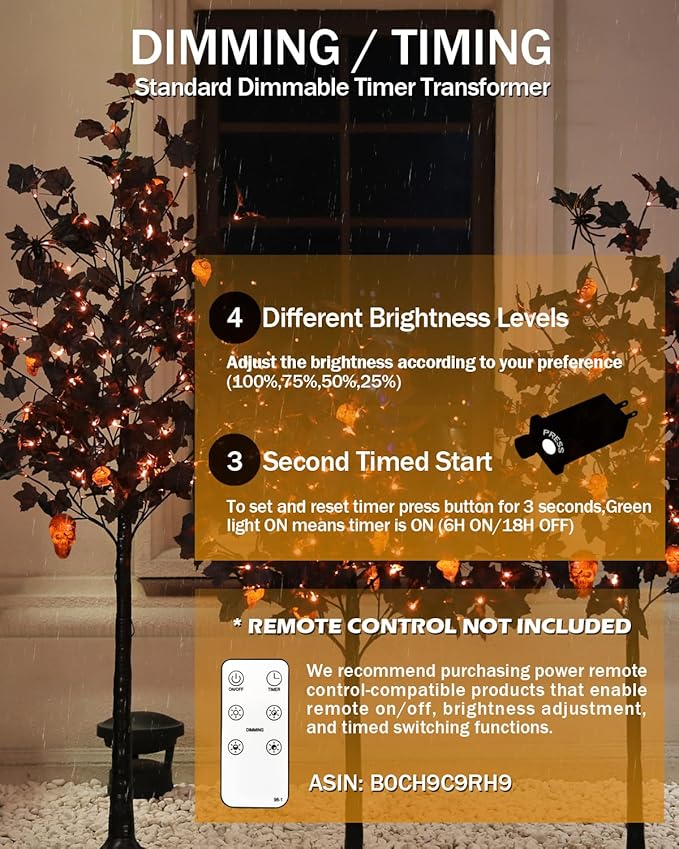5ft Black Maple Halloween Tree with LED Skull Lights & Spiders, 128 Bulbs, Dimmable Timer, 16ft Cord, Indoor & Outdoor Decor