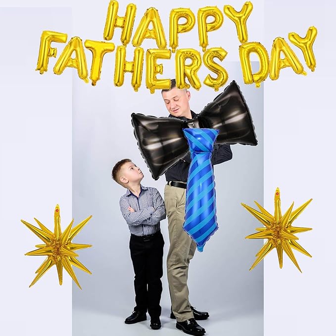 Gold Happy Fathers Day Balloons Foil Father's Day Balloons Tie Necktie Balloon Letter Bow Star Balloon for Happy Father's Day Themed Party Fathers Day Supplies Decorations Ballons Sets-19 PCS