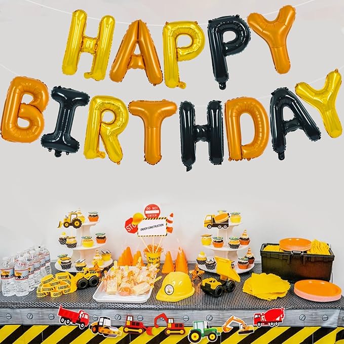 TONIFUL Happy Birthday Balloons Banner with Ribbon Straw,16 Inch Mylar Letters Birthday Sign Banner Balloon Bunting Reusable for Construction Birthday Party Supplies（Gold Orange Black）