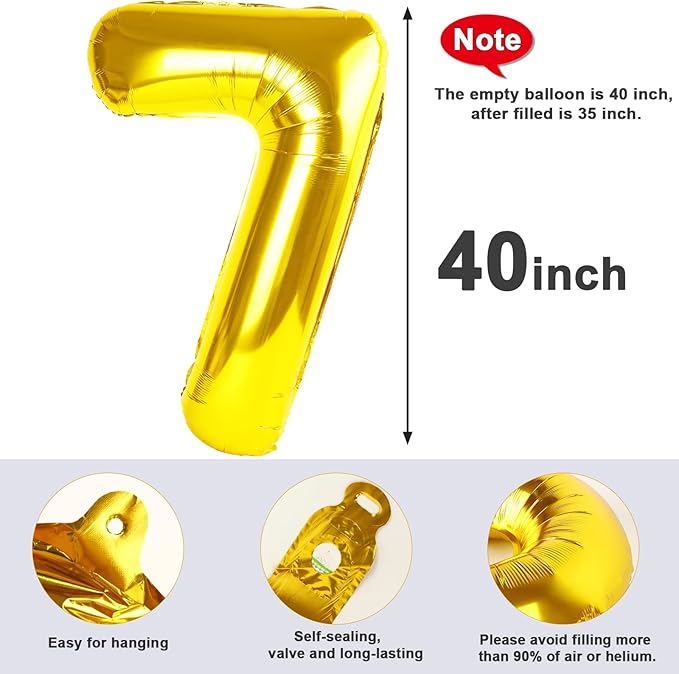 40 Inch Number 7 Balloon, Gold Seven Birthday Decor, 7 17 27 70 Year Old Balloon Number for Engagement, Wedding, Graduations