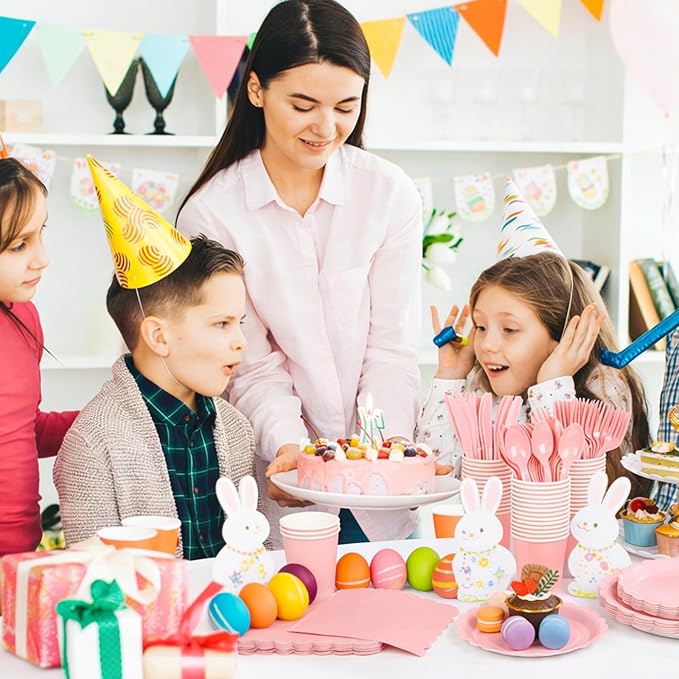 LIYH 350 Pcs Pink Paper Plates and Napkins - 50 Guest Light Pink Party Supplies Include Easter Scalloped Plates Cups Plastic Spoons Forks Knives for Baby Shower Birthday Party,Easter