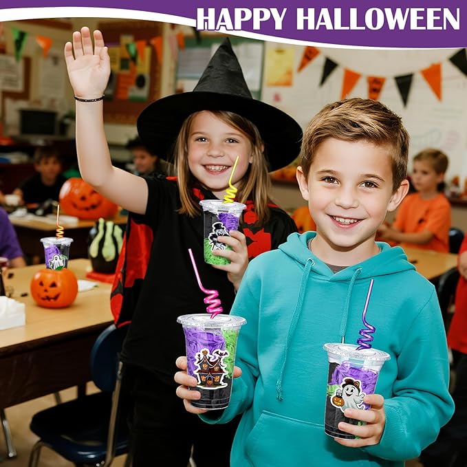Qinyoung 24 Set Creative Halloween Classroom Favor Trick or Treat Plastic Cup with Lid Colorful Straw Sticker and Raffia Treat Loot Bag Set for Kid Student Halloween Party Favor School Class Gift Idea
